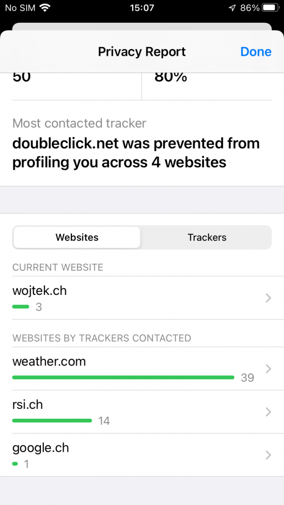 iOS 15 / Safari / Privacy Report / 웹 사이트 차단 추적기